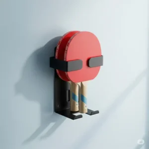 Wall-mounted ping pong racket holder keeping paddles organized and accessible.