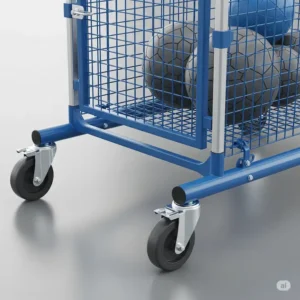 Graphic of a movable ball cage equipped with wheels for easy transport.