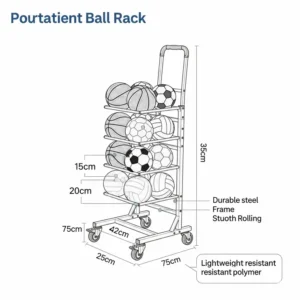 Diagram of a portable ball rack with wheels for easy transportation of sports equipment.