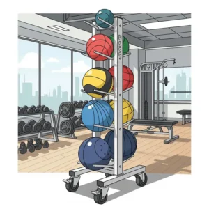 Illustration of a portable medicine ball rack with wheels for easy movement in a workout area.