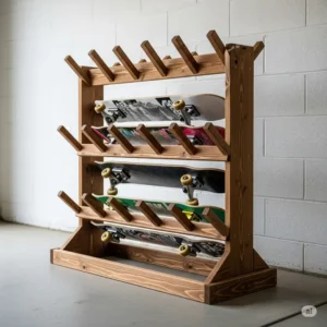 Wall-mounted skateboard rack securely holding multiple skateboards.