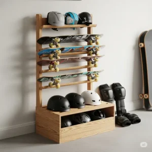 Skateboard rack also storing helmets and protective pads.