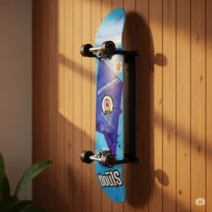 A skateboard wall mount displaying a stylish skateboard vertically on a wooden wall.