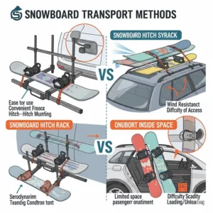 Illustration of a vehicle with a snowboard hitch rack in a scenic snowy mountain setting, suggesting outdoor adventure.