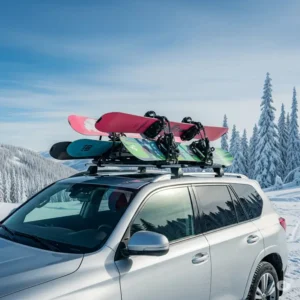 A car with a secure snowboard roof rack carrying snowboards, ready for a winter adventure.