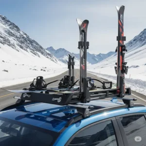  A versatile roof rack designed to carry both snowboards and skis securely.