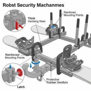 Illustration of multiple snowboards safely and securely mounted on a durable hitch rack.