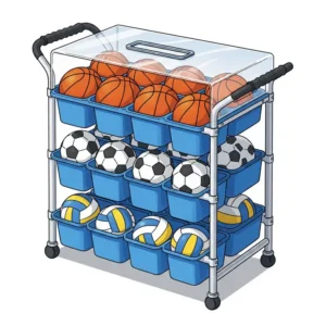 Illustration of a cart specifically designed for carrying basketballs, soccer balls, and volleyballs.