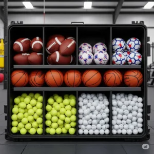 Large storage container keeping different types of sports balls organized.