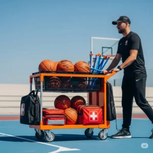 Illustration depicting a sports equipment cart being used on a sports field or court, emphasizing its practical application.