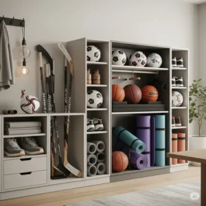 Various sports equipment neatly organized in smart storage solutions.