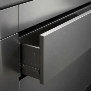 Detailed view of smooth-gliding drawers in a stainless steel cabinet.