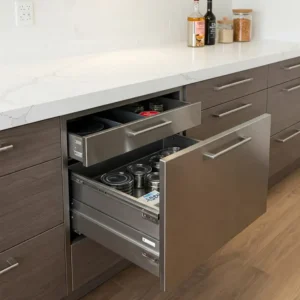 Modern kitchen featuring a durable stainless steel drawer cabinet for storage.