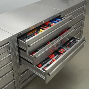 Heavy-duty stainless steel drawer cabinet efficiently storing various tools.