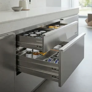 Organized stainless steel drawer cabinet showcasing efficient storage solutions.