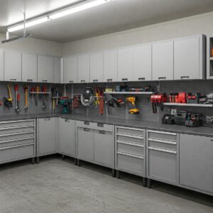 Steel wall cabinets in a garage, demonstrating ample storage capacity for tools and equipment.
