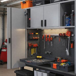 Various accessories and add-ons for maximizing the functionality of steel wall cabinets in a garage