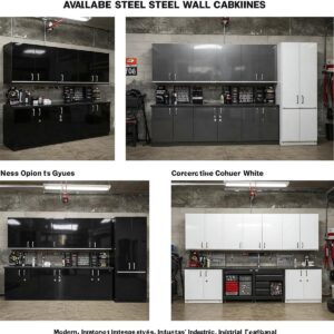 Available color options for steel wall cabinets to suit different garage aesthetics.