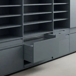 Storage cabinets with adjustable shelves and convenient drawers for efficient organization.