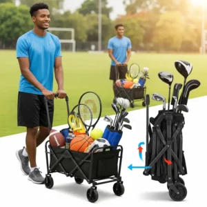 Sports equipment cart filled with tennis rackets, badminton shuttlecocks, and a small net.