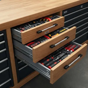 Neatly organized hand tools and equipment inside smooth-sliding metal drawers of a workbench.