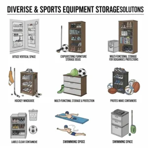 Infographic illustrating various sports equipment storage ideas and solutions.