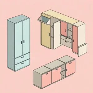 Illustration showcasing various types of storage cabinets, including tall, wide, and modular designs.
