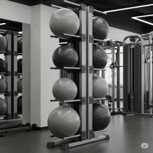 Vertical exercise ball rack design efficiently storing several inflatable fitness balls.