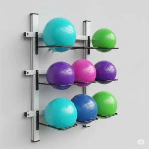 Illustration of a space-saving wall-mounted exercise ball rack for home or studio use.