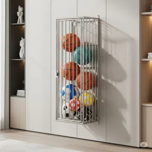 Illustration depicting a space-saving wall-mounted ball cage.