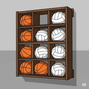 Illustration of a space-saving wall-mounted ball rack holding basketballs and volleyballs.