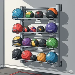 Illustration of a space-saving wall-mounted medicine ball rack for fitness training.
