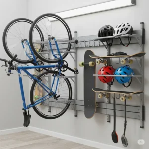 Space-saving wall rack for storing bikes, skateboards, and sports helmets.