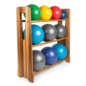 Elegant wooden exercise ball rack showcasing natural material and organized storage.