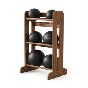 Illustration of a stylish wooden medicine ball rack suitable for home or studio use.
