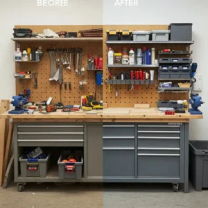 Before and after view illustrating the impact of effective workbench and storage solutions on organization.