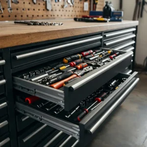 Close-up of workbench drawers offering convenient and accessible tool storage.