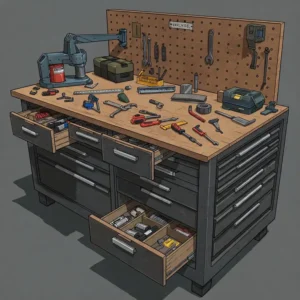 Illustration of a complete workbench setup featuring multiple sets of spacious metal drawers for extensive storage.