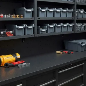 Workbench featuring practical overhead shelves for storing bins and frequently used items.