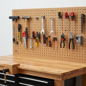 Workbench with a versatile pegboard for efficient hanging and display of hand tools.