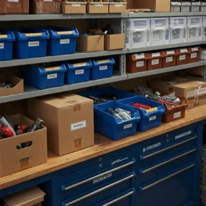 Various storage containers, including bins and boxes, used to organize items on and around a workbench.