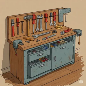 Illustration depicting common tools neatly arranged on a workbench with a cabinet underneath for organized storage.