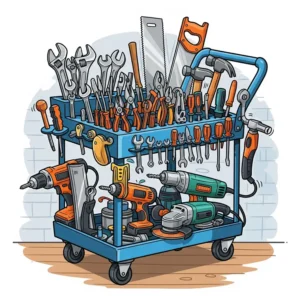 Animated illustration showing a workshop equipment cart loaded with various hand tools and power tools.