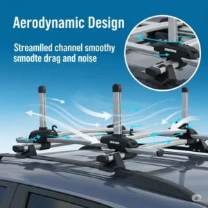Illustration highlighting the aerodynamic design of a Yakima ski and snowboard rack to reduce wind resistance.