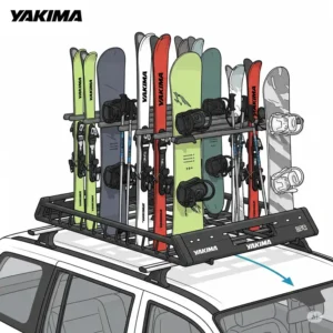 Yakima ski and snowboard rack illustration demonstrating its capacity for multiple skis and snowboards.