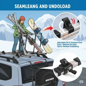 Yakima ski and snowboard rack illustration showing the ease of loading and unloading winter sports equipment.