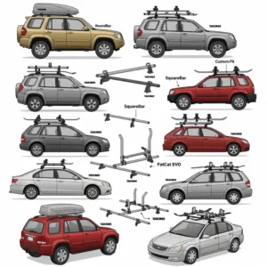 Illustration showcasing different Yakima ski and snowboard rack mounting styles for various vehicle types.