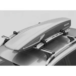 Illustration highlighting the aerodynamic design features of a ski carrier mounted on a car roof to minimize wind drag.