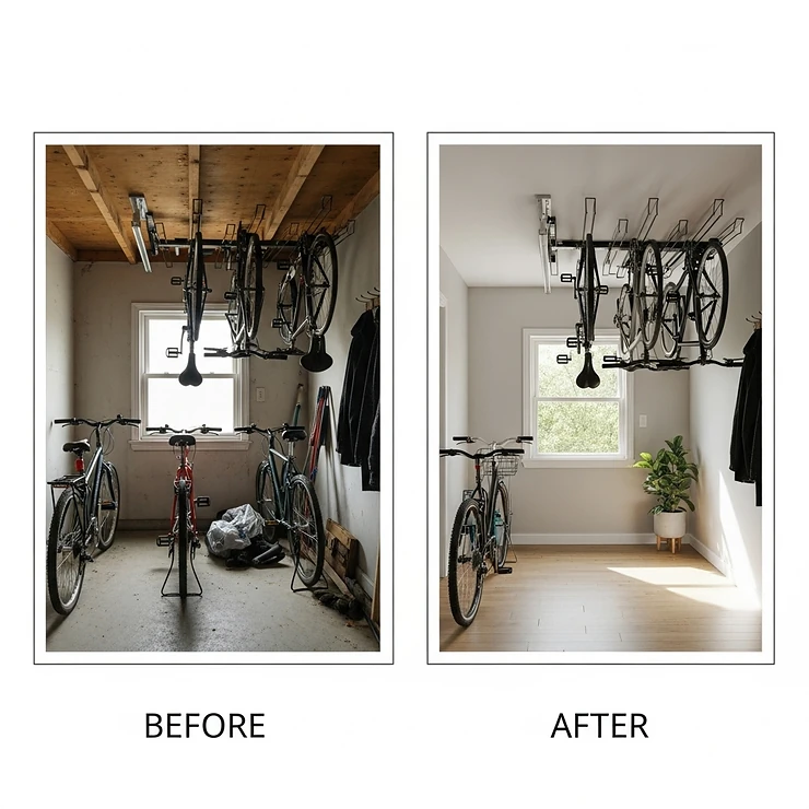 Visual comparison showing a tidy space after installing a ceiling bike rack, freeing up floor area.