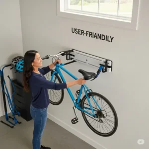 A person effortlessly mounting a bicycle onto a user-friendly bike garage rack wall, highlighting its simple installation and accessibility.